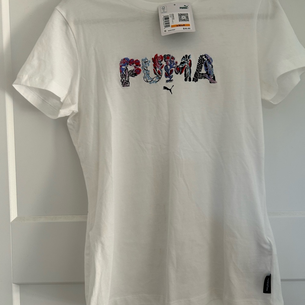 PUMA White Tee with Floral Graphic Women’s Small